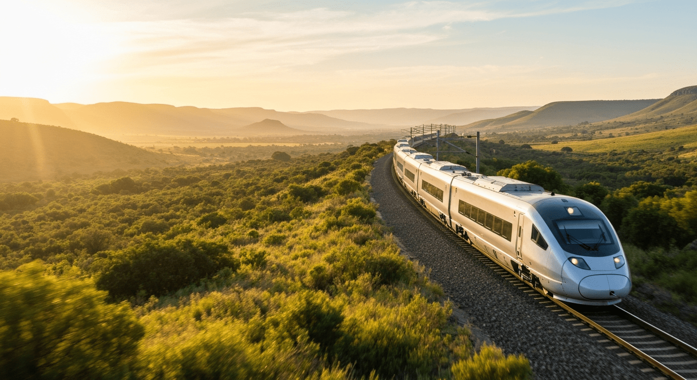 Sleek, modern high-speed train on advanced rail infrastructure in a scenic South African landscape