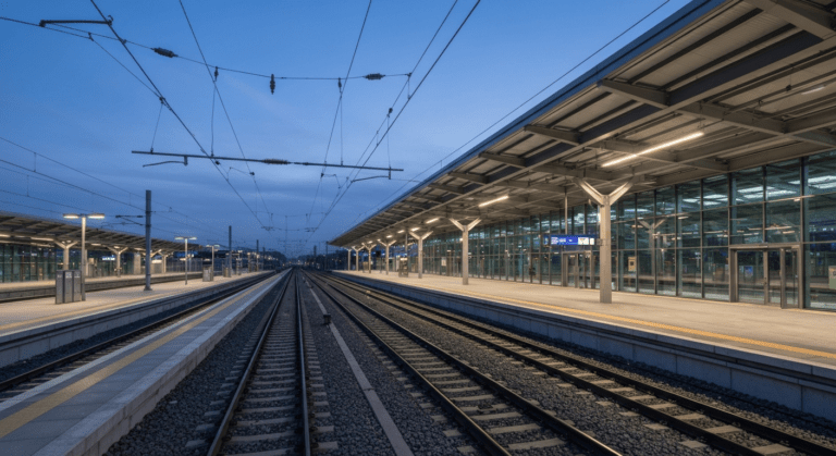 Modern regional train station platform with glass and steel architecture and ambient lighting at dusk