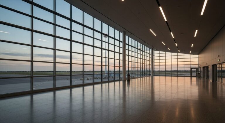 Empty, modern airport gate area with soft dusk lighting and large windows overlooking an aircraft on the tarmac.