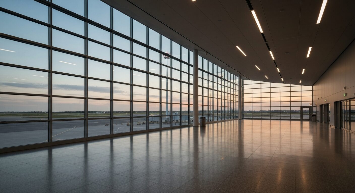 Empty, modern airport gate area with soft dusk lighting and large windows overlooking an aircraft on the tarmac.