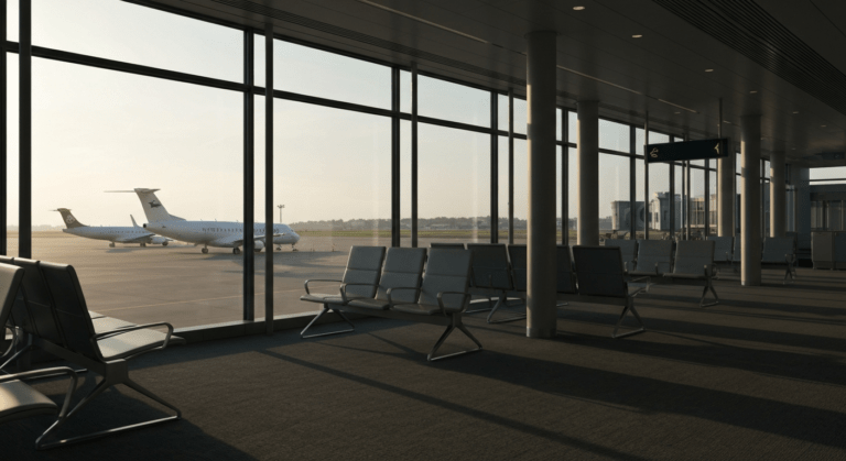 Empty, modern regional airport gate area overlooking a tarmac with a parked regional jet