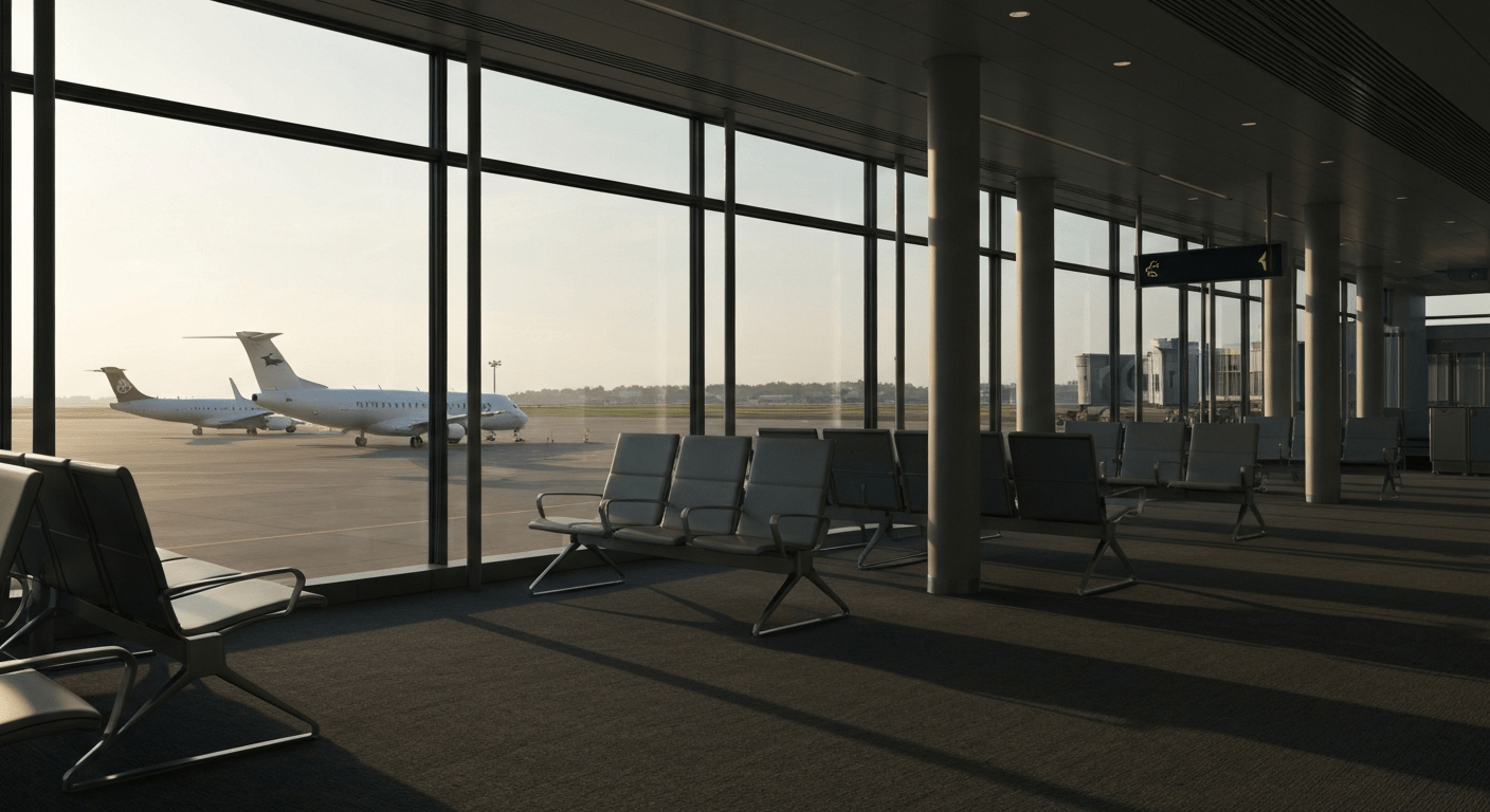 Empty, modern regional airport gate area overlooking a tarmac with a parked regional jet