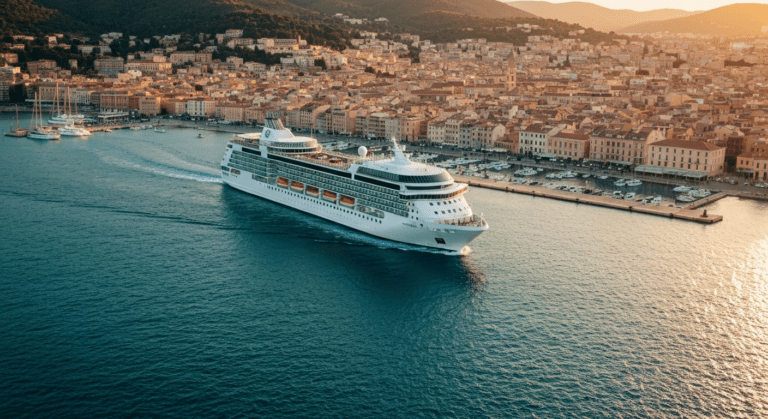 Modern cruise ship arriving at a picturesque Mediterranean port, bathed in warm golden hour light