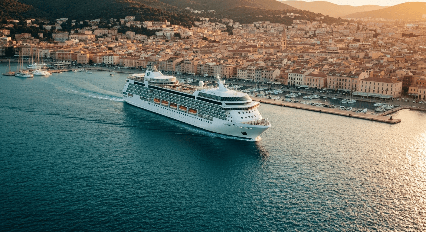 Modern cruise ship arriving at a picturesque Mediterranean port, bathed in warm golden hour light