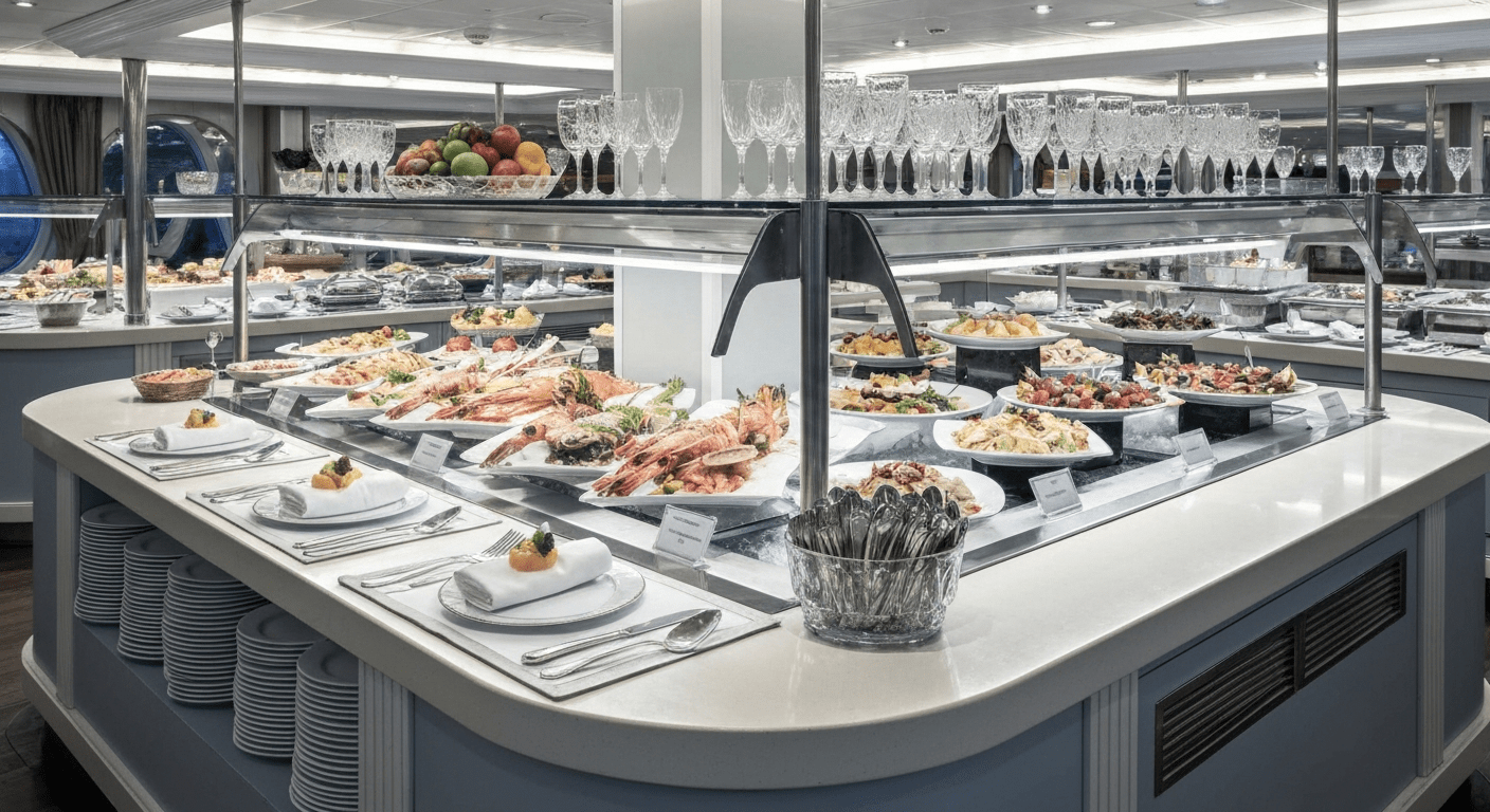 Elegant and clean buffet area on a luxury cruise ship with artfully arranged food displays