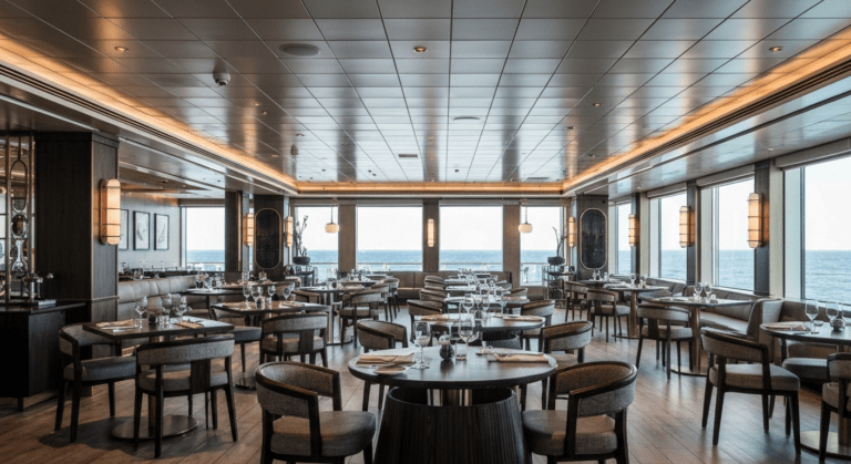 Elegant specialty restaurant interior on a modern cruise ship with sophisticated decor and ocean views