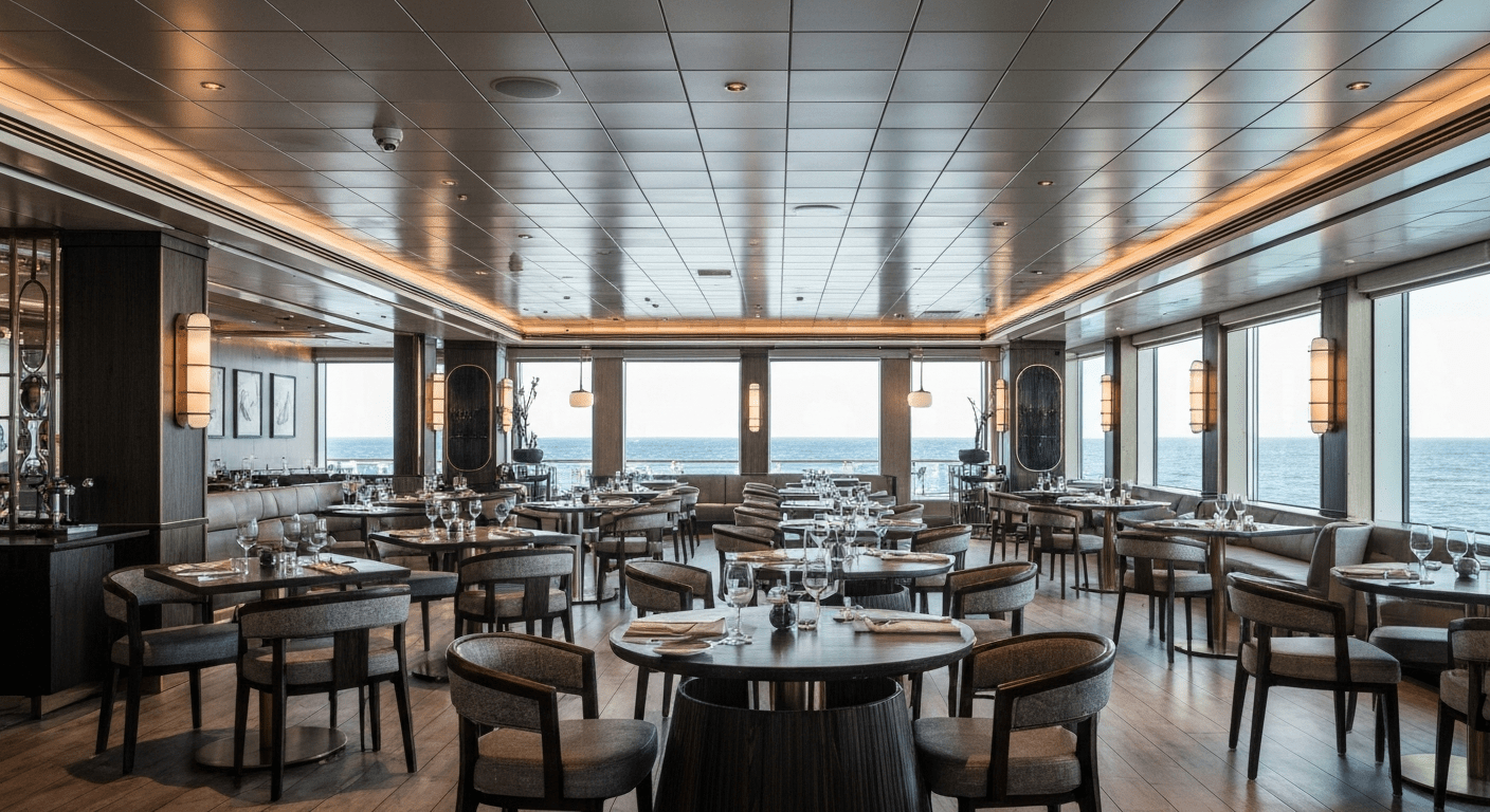 Elegant specialty restaurant interior on a modern cruise ship with sophisticated decor and ocean views