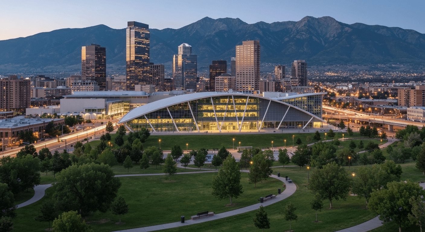 Panoramic view of Denver's skyline against the Rocky Mountains at dusk, featuring modern architecture.