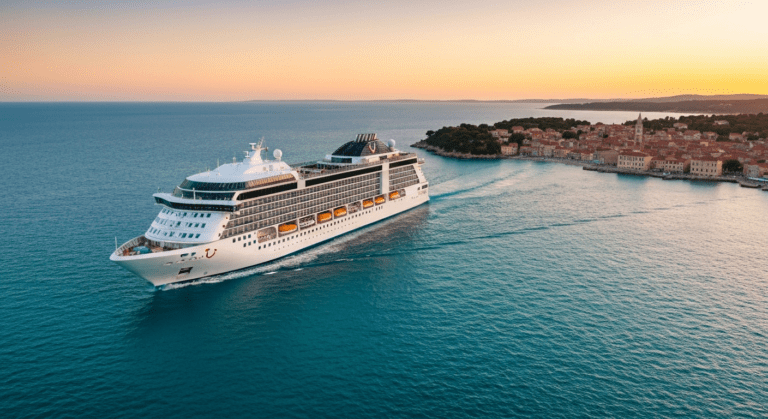 Elegant TUI cruise ship approaching a charming European coastal town at sunset.