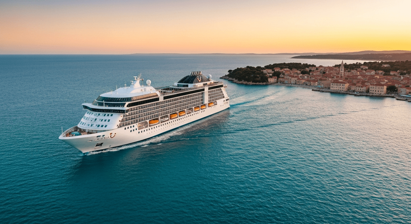 Elegant TUI cruise ship approaching a charming European coastal town at sunset.