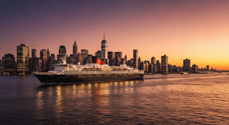 Queen Mary 2 ocean liner sailing past illuminated New York City skyline at sunset