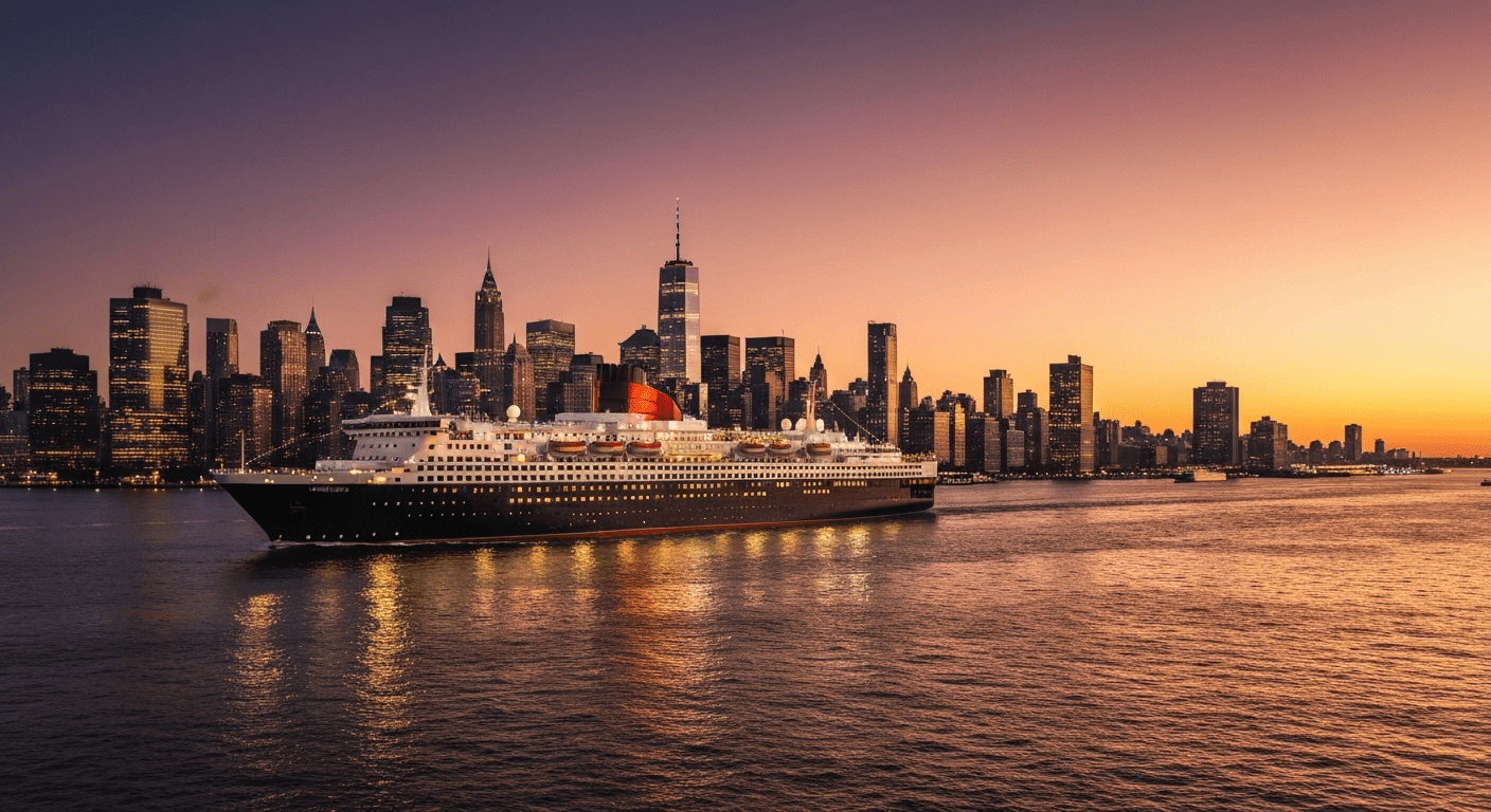 Queen Mary 2 ocean liner sailing past illuminated New York City skyline at sunset