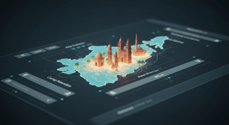 Futuristic voice AI travel planning interface displaying a digital map of India's tourist attractions.