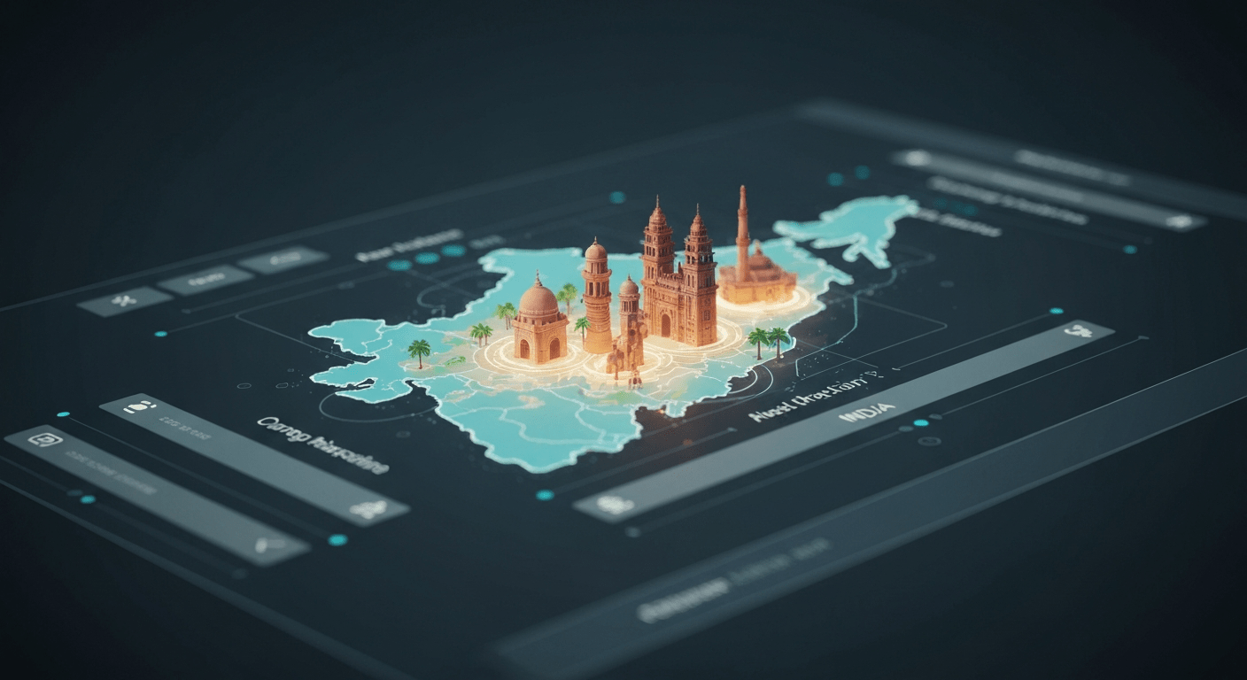 Futuristic voice AI travel planning interface displaying a digital map of India's tourist attractions.
