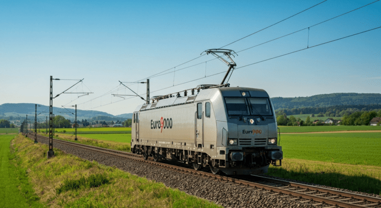 Sleek, modern Euro9000 electric locomotive on European railway tracks under dynamic lighting.