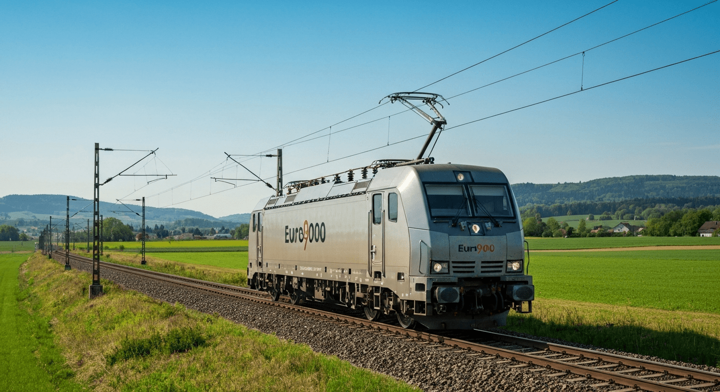 Sleek, modern Euro9000 electric locomotive on European railway tracks under dynamic lighting.