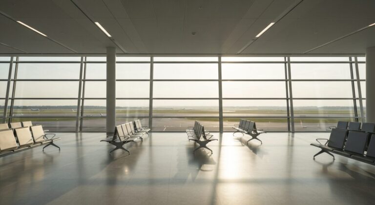 Empty, modern airport boarding gate with runway view under soft morning light.