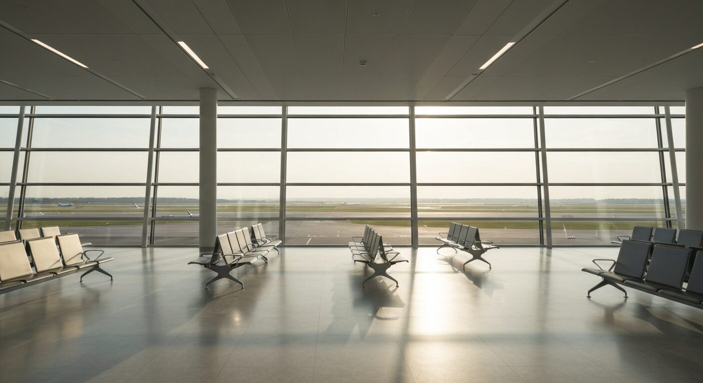 Empty, modern airport boarding gate with runway view under soft morning light.