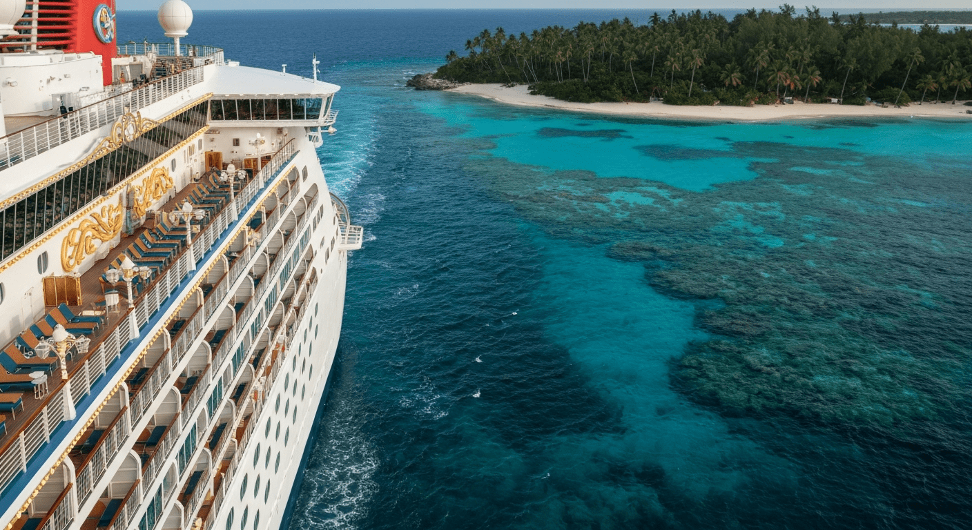 Disney Treasure cruise ship sailing through turquoise Caribbean waters with its iconic top deck features.