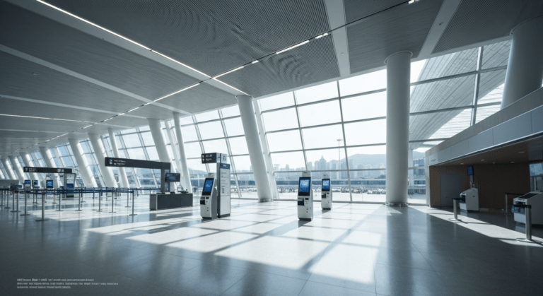 Modern, empty departure hall in Hong Kong International Airport Terminal 2 with self-service kiosks.
