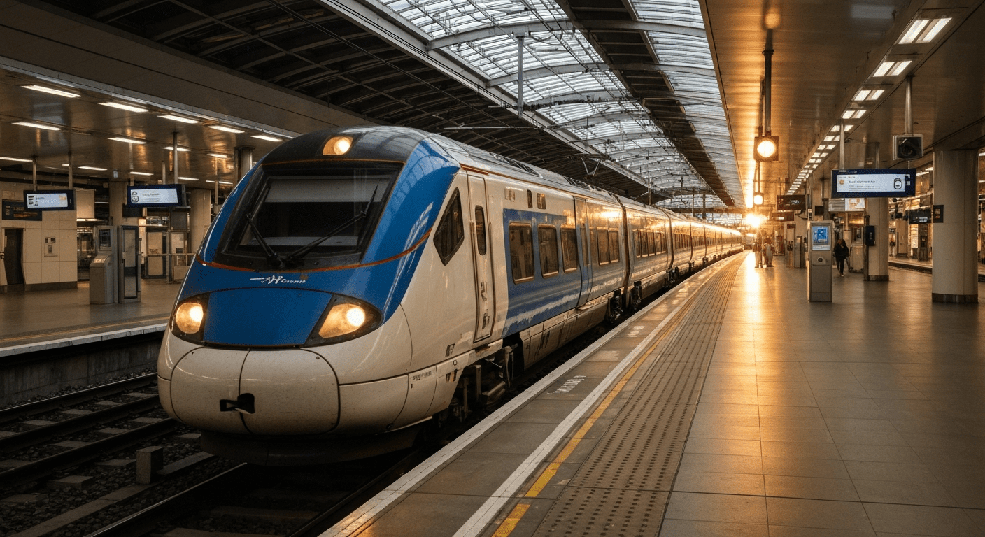 Modern Arterio train at a brightly lit London Waterloo station platform