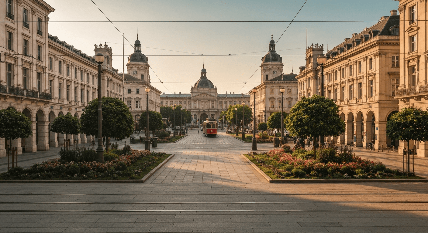 Historic European city square with elegant architecture and expanded pedestrian zones at sunset.