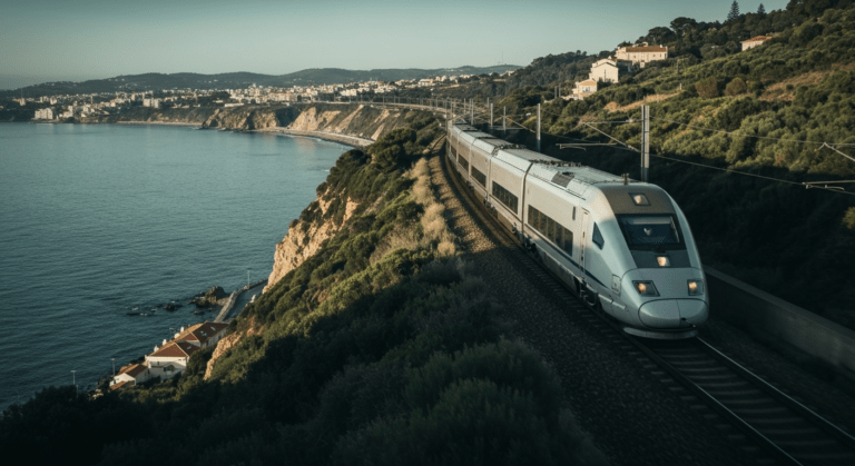 Modern high-speed train traveling along Portugal's scenic coastline, connecting major cities like Lisbon and Porto.