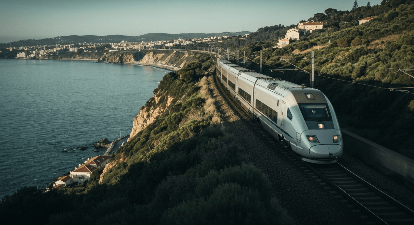 Modern high-speed train traveling along Portugal's scenic coastline, connecting major cities like Lisbon and Porto.
