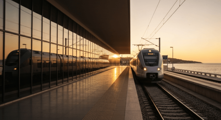 Sleek battery-electric train on a platform at a modern coastal rail station in Croatia