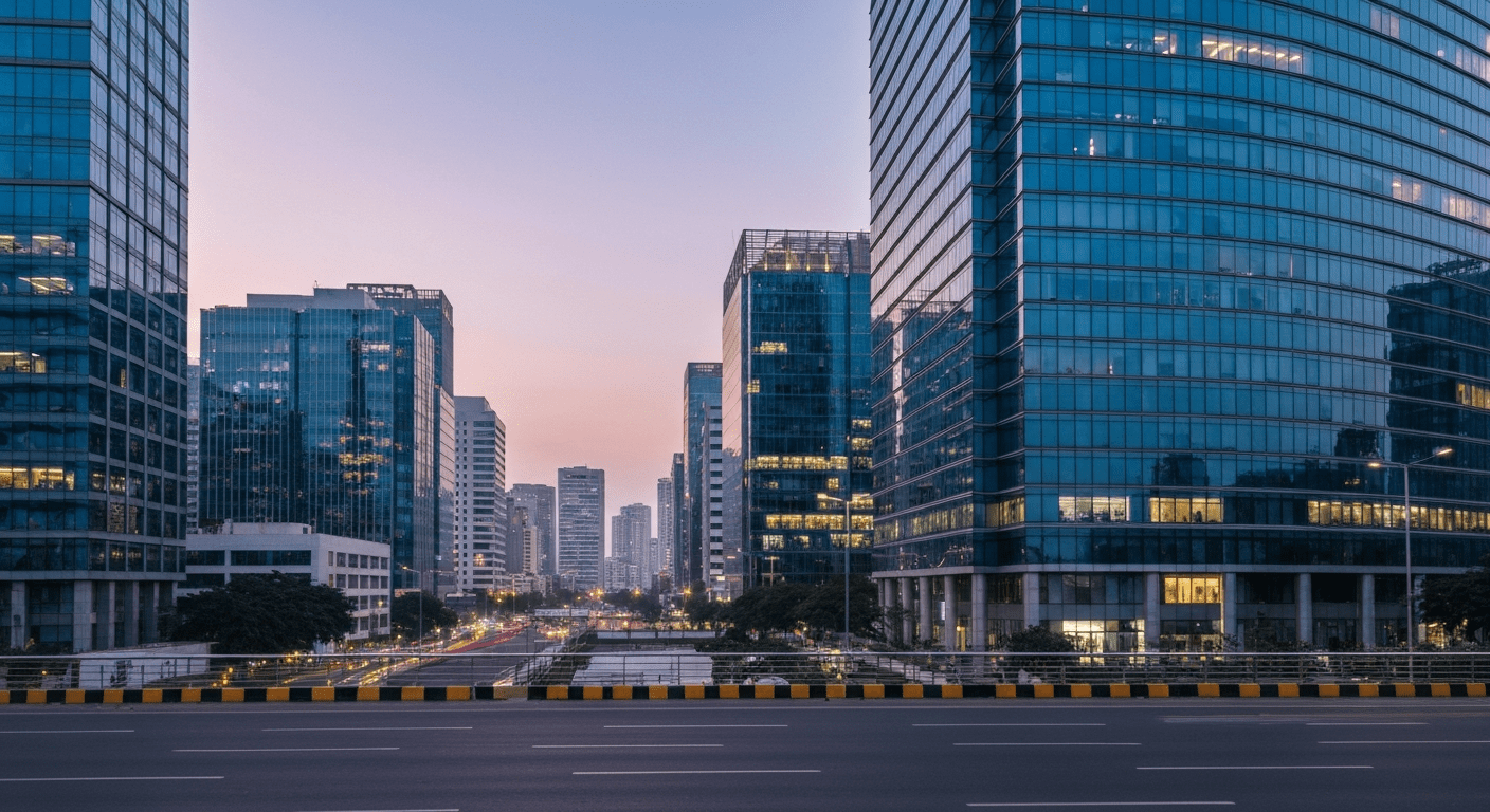 Modern Indian city skyline at dusk, featuring contemporary corporate buildings and urban infrastructure.