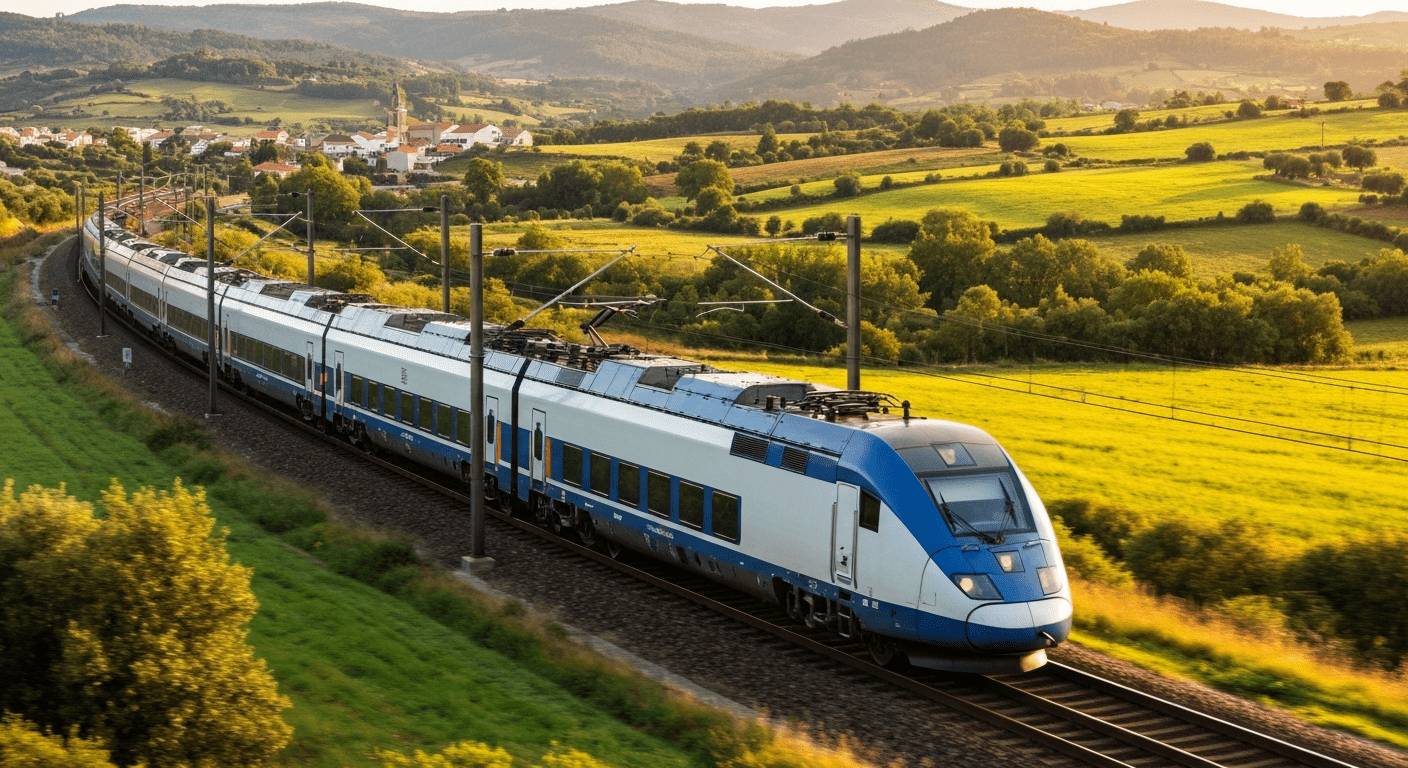 Modern high-speed train traveling through the picturesque Portuguese landscape at sunset.