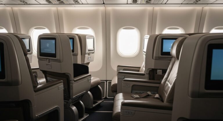 Empty premium economy airplane cabin showcasing modern seating and increased legroom.