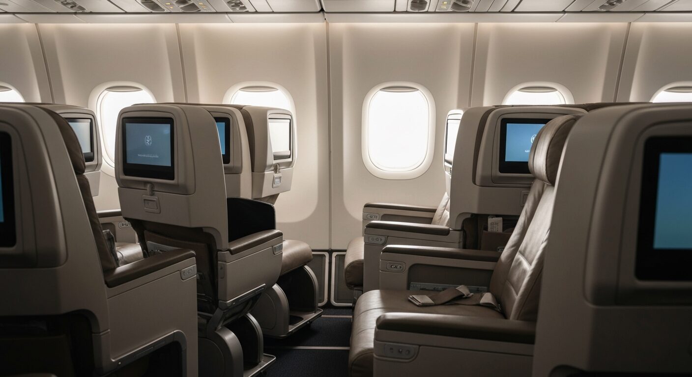 Empty premium economy airplane cabin showcasing modern seating and increased legroom.