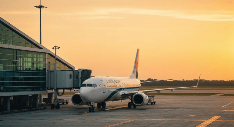 Malaysia Airlines Boeing 737-8 aircraft at a modern gate in Kuala Lumpur International Airport.