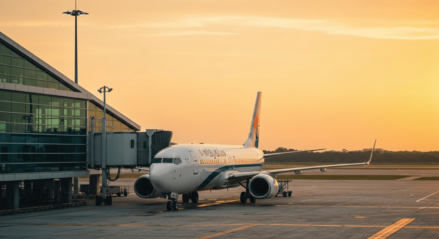 Malaysia Airlines Boeing 737-8 aircraft at a modern gate in Kuala Lumpur International Airport.