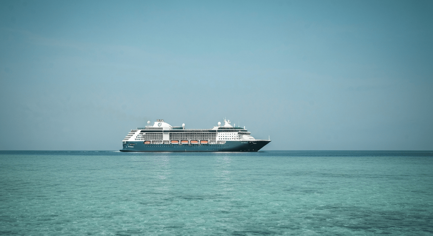 Modern cruise ship sailing through clear, tranquil ocean waters under a serene sky