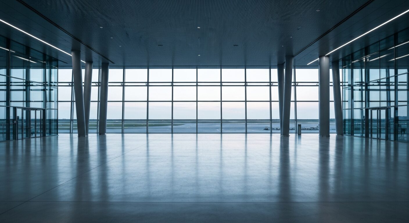 Empty modern airport terminal at dusk with architectural design and a view of the runway.