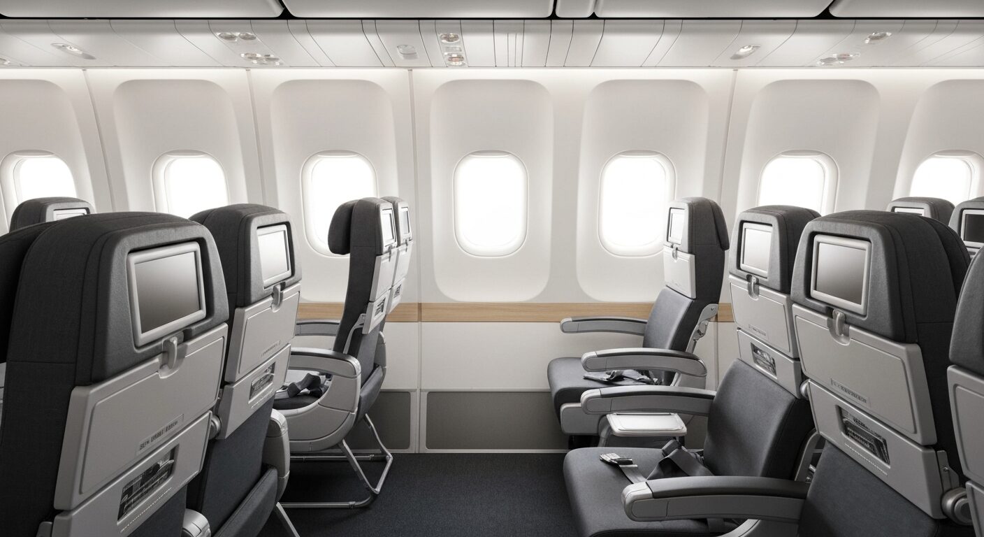 Empty premium economy cabin on a modern long-haul aircraft, showcasing comfortable seating and spacious legroom.