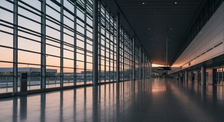 Modern airport terminal at dusk with polished floors and architectural details, devoid of people.