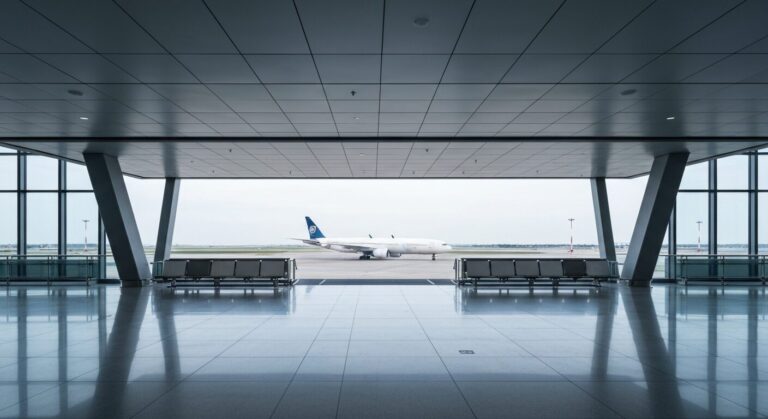 Empty modern international airport boarding gate with sleek architecture and a United Airlines plane visible on the tarmac.