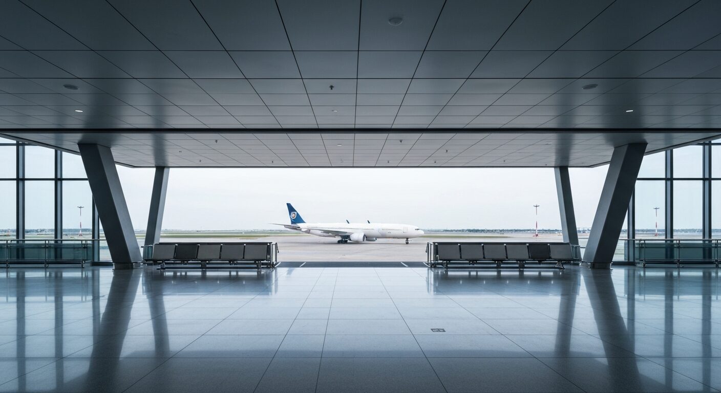Empty modern international airport boarding gate with sleek architecture and a United Airlines plane visible on the tarmac.