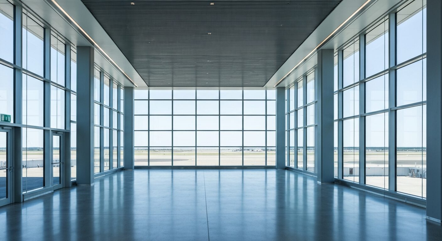 Empty modern airport terminal with natural light
