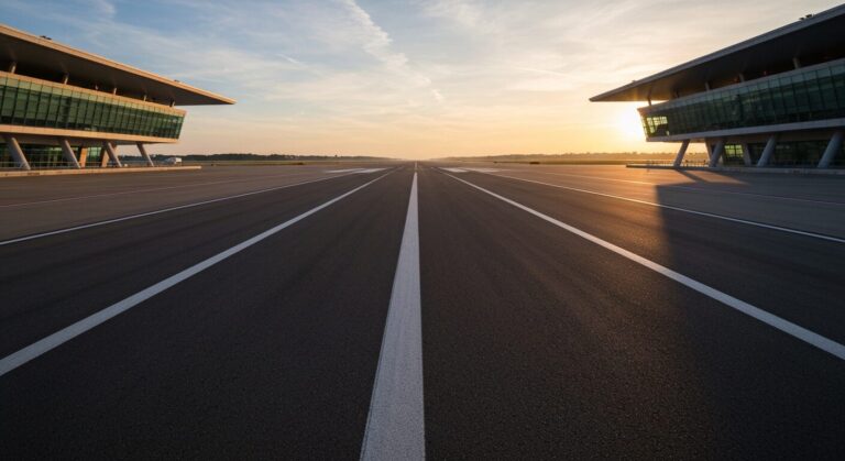 Empty runway at a military air base at dawn.