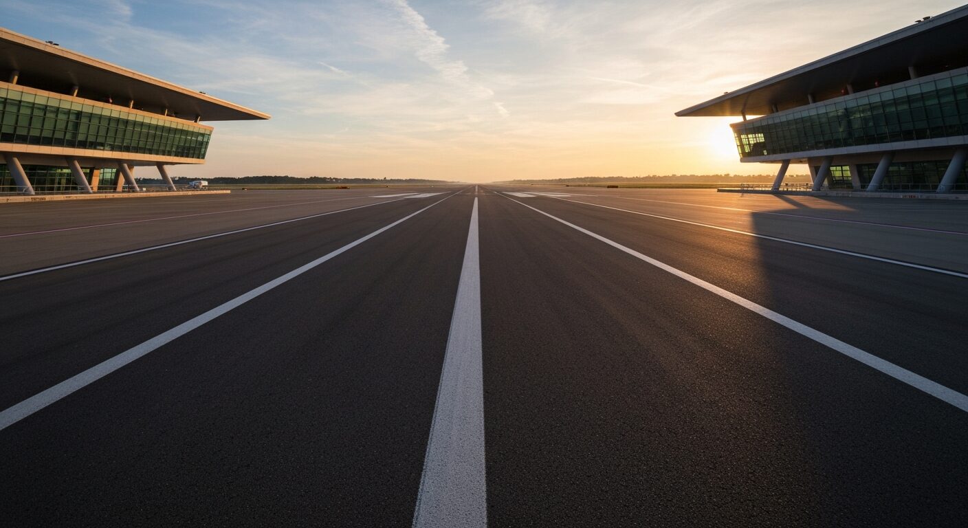 Empty runway at a military air base at dawn.