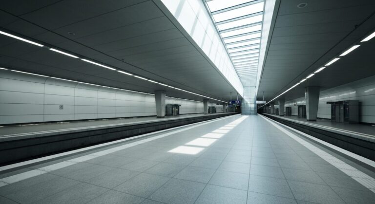 Empty modern Prague metro station platform with natural light