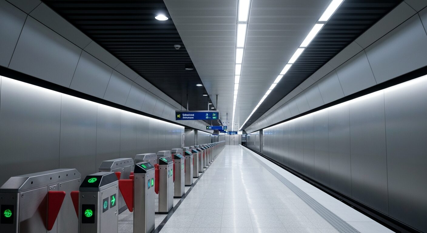 Empty Santiago Metro station platform with modern architecture and fare gates