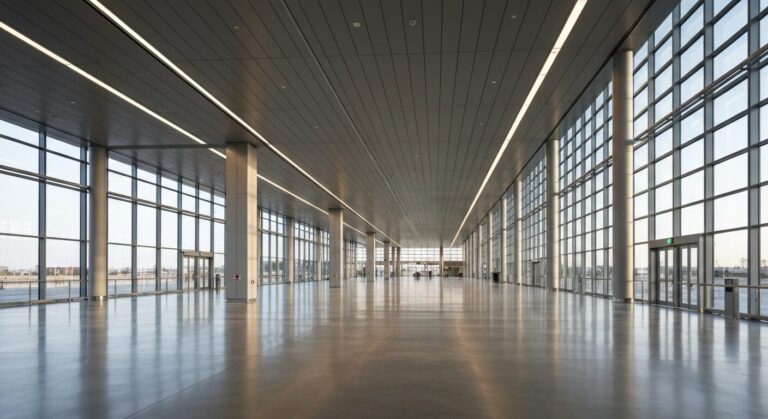 Empty, modern airport terminal interior with architectural design and natural light.