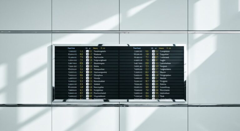 Empty airport departure board displaying flight schedules to various European cities.
