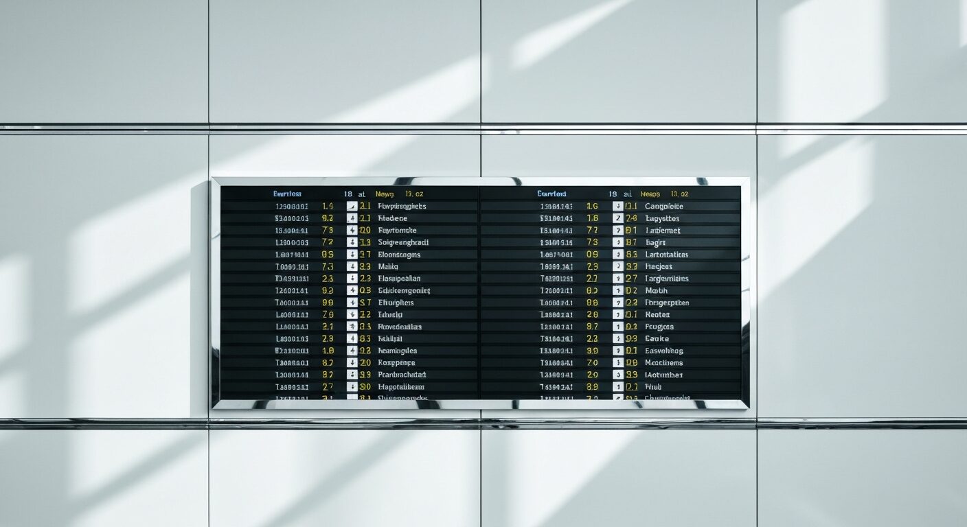 Empty airport departure board displaying flight schedules to various European cities.