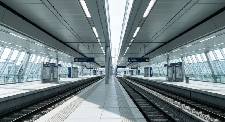 Empty modern train station platform with digital displays and polished floors, bathed in soft natural light.